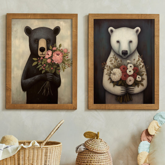 Animals with Flowers, Bears with Flower Bouqets, Unique Vintage Nursery & Kids Room Animal Wall Art, Set of 2, Gender Neutral Digital Art