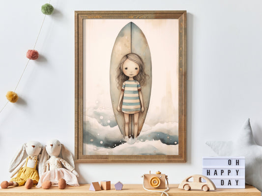 Surfer Nursery Decor, Unique Vintage Surfing Nursery Wall Art, Beach Nursery Print, Little Girl with Surfboard, DIGITAL Girl's Room Print