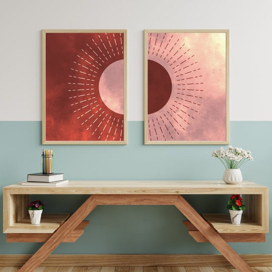 Sun Dichotomy: Bohemian Dual Sun, Vintage Style, Digital Printable Wall Decor, Celestial Art in Muted Yellow and Red Tones - Boho Art