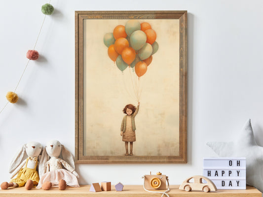 Vintage Minimalist Nursery Wall Art, Little Girl Holding Balloons, Digital Printable Kids Room Decor