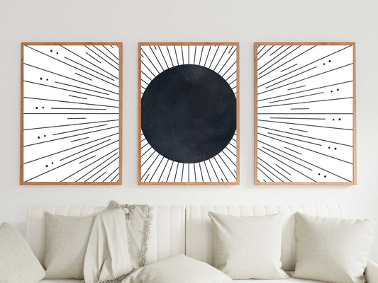 Boho Sun Set of 3, Vintage Celestial Boho Wall Art, Black and White Boho Sun Decor, Minimalist Sun Print, Digital Printable Bohemian Decor