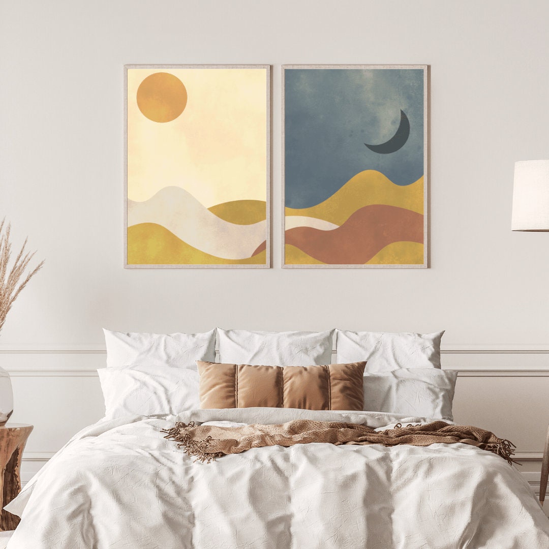 Boho Sun and Moon Wall Art, Day & Night Print, Mountain Desert Landscape, Bohemian Style, Printable Minimalist Boho Decor, Blue and Yellow