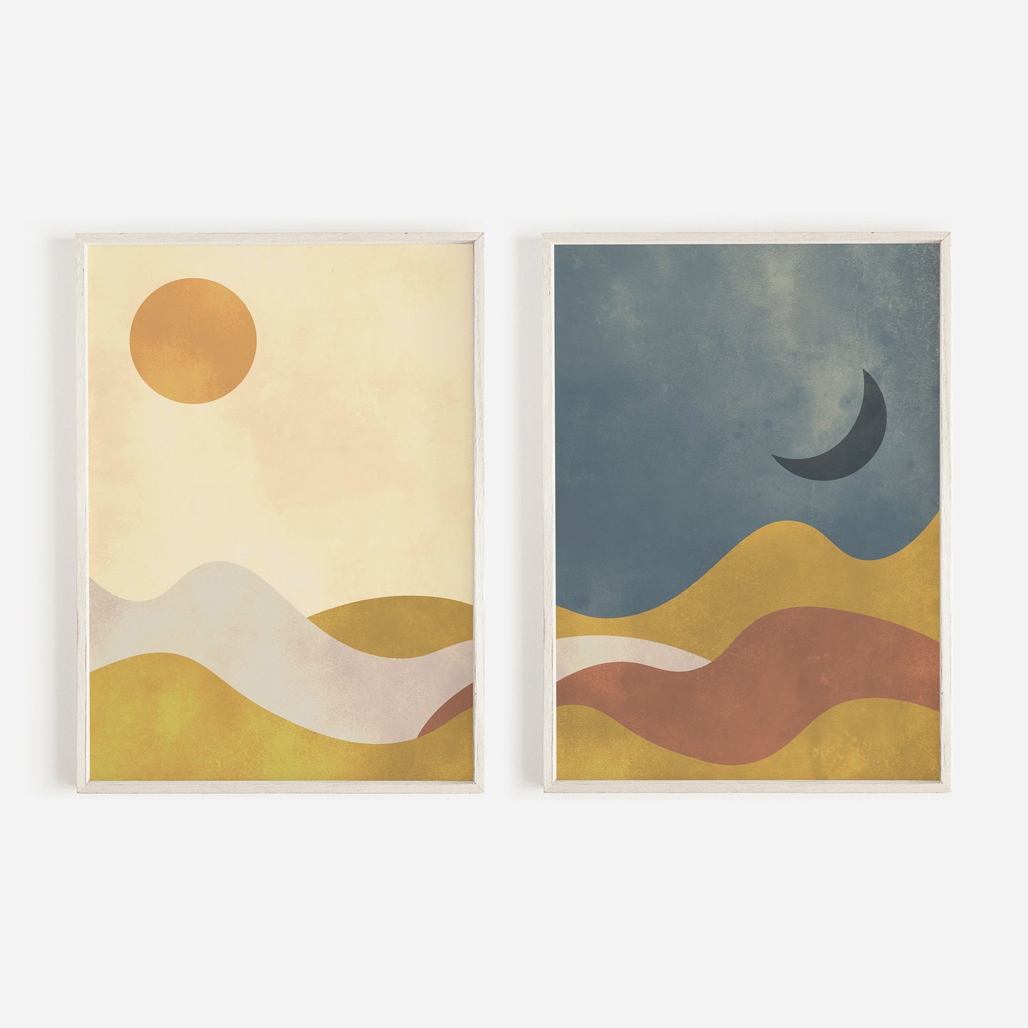 Boho Sun and Moon Wall Art, Day & Night Print, Mountain Desert Landscape, Bohemian Style, Printable Minimalist Boho Decor, Blue and Yellow