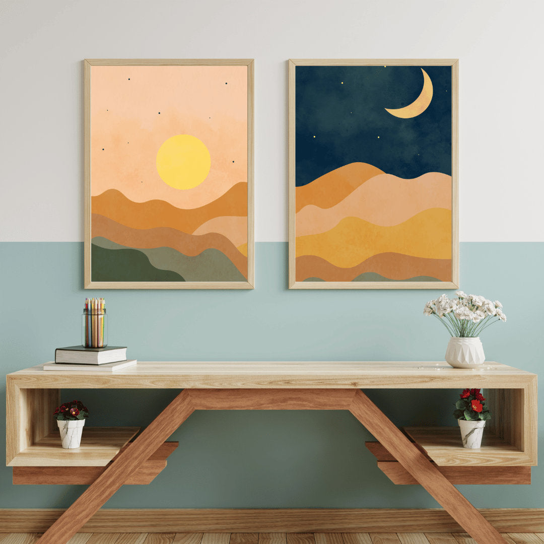 Boho Wall Art, Sun and Moon Dual Print, Minimalist Boho Decor, Night & Day Art, Mountain Landscape, Digital Printable Boho Decor, Set of 2