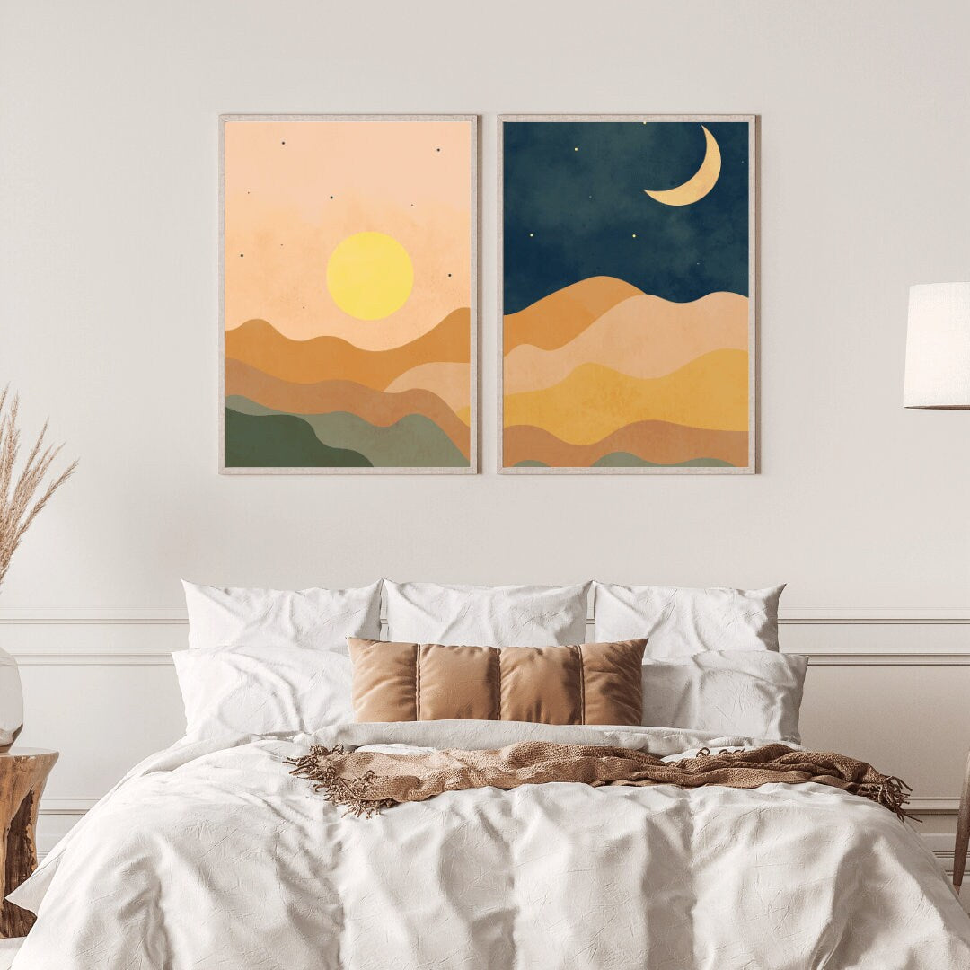 Boho Wall Art, Sun and Moon Dual Print, Minimalist Boho Decor, Night & Day Art, Mountain Landscape, Digital Printable Boho Decor, Set of 2