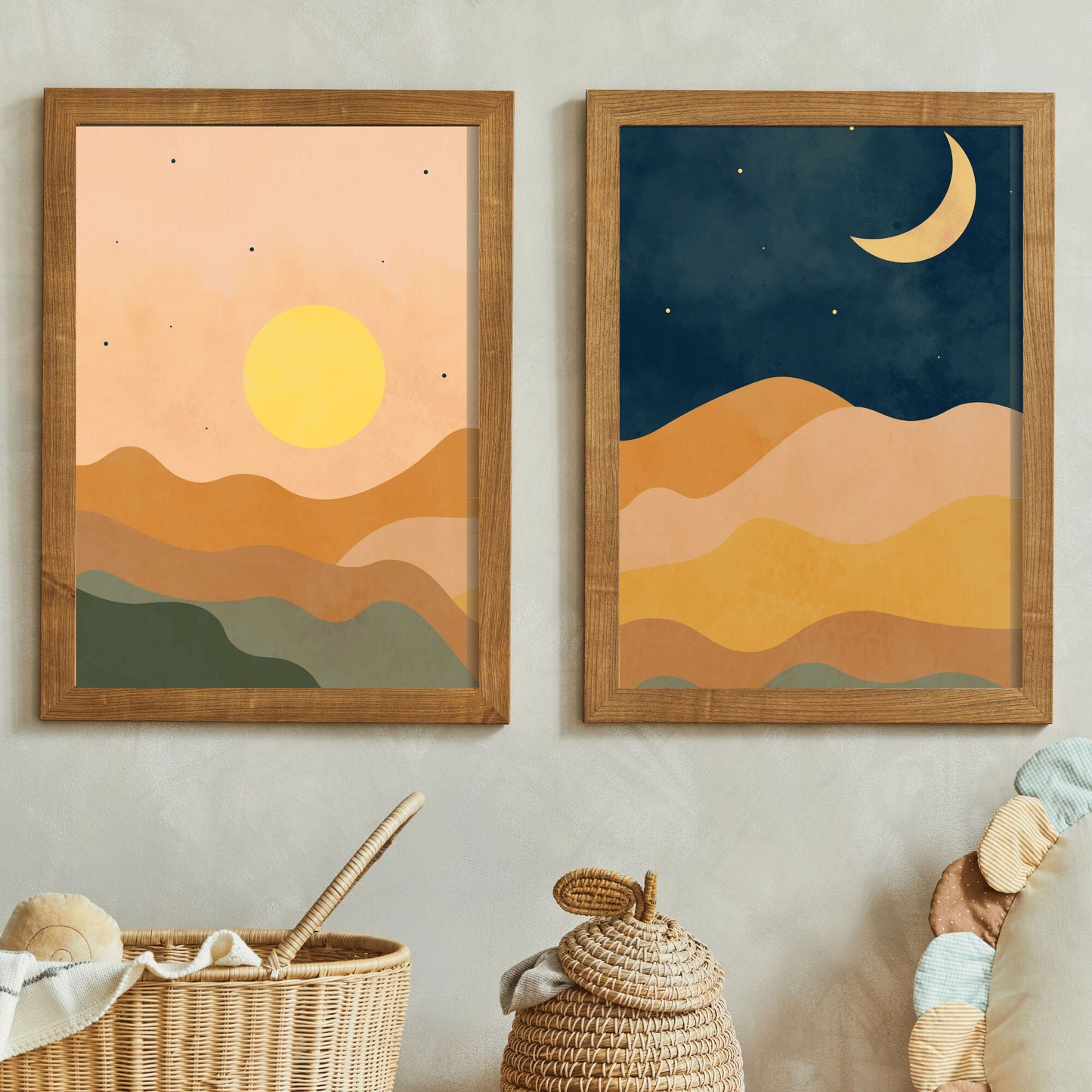 Boho Wall Art, Sun and Moon Dual Print, Minimalist Boho Decor, Night & Day Art, Mountain Landscape, Digital Printable Boho Decor, Set of 2