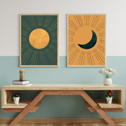 Boho Celestial Wall Art, Sun and Moon Set of 2, Day & Night Prints, Vintage Minimalist Bohemian Decor,  Digital Printable Living Room Art