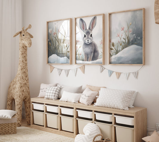 Watercolor Bunny Nursery Wall Art, Watercolor Nursery Decor, Woodland Animal Art, Forest Animal Kids Room Decor, Set of 3, DIGITAL Art