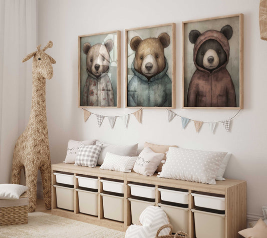 Bears Wearing Clothes, Woodland Nursery or Kids Room Decor, Bear Nursery Wall Art, Vintage Forest Animals, Toddler Boys Room Decor, Set of 3