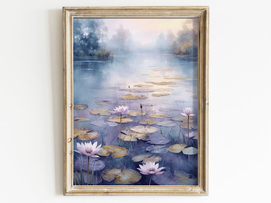 Tranquil Lake Watercolor Print - Water Lillies in Purple Colored Lake Landscape, Digital Printable Art for Serene Spaces