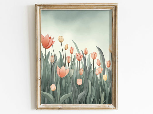 Vintage Tulip Field Painting - Blooming Flowers, Beautiful Floral Decor, Muted Green, Beige and Pink, Digital Printable Wall Art