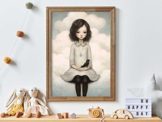 Vintage Wall Art, Little Girl on Cloud with Black Bird, Digital Printable Art, Unique & Quirky Nursery or Girl's Room Decor