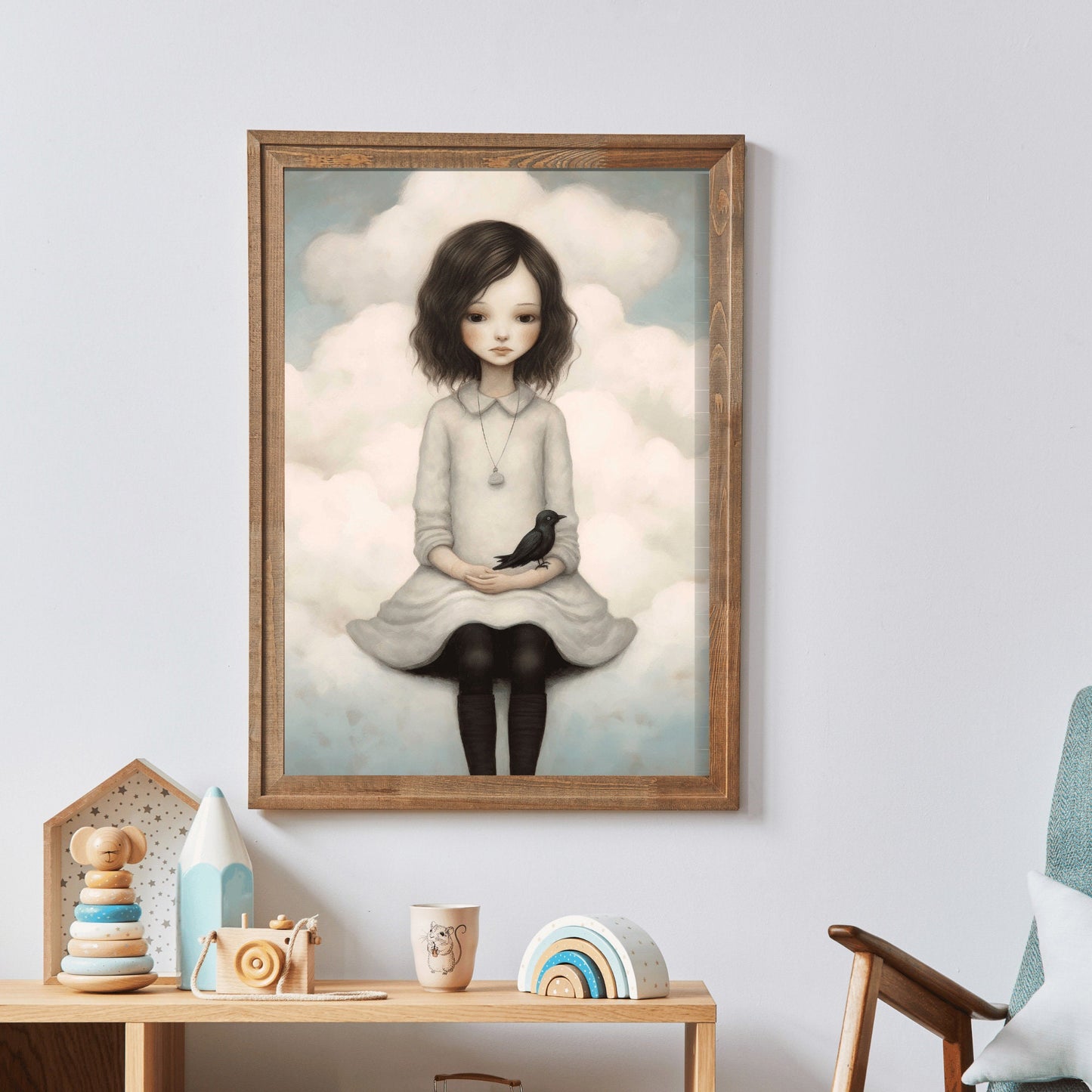 Vintage Wall Art, Little Girl on Cloud with Black Bird, Digital Printable Art, Unique & Quirky Nursery or Girl's Room Decor