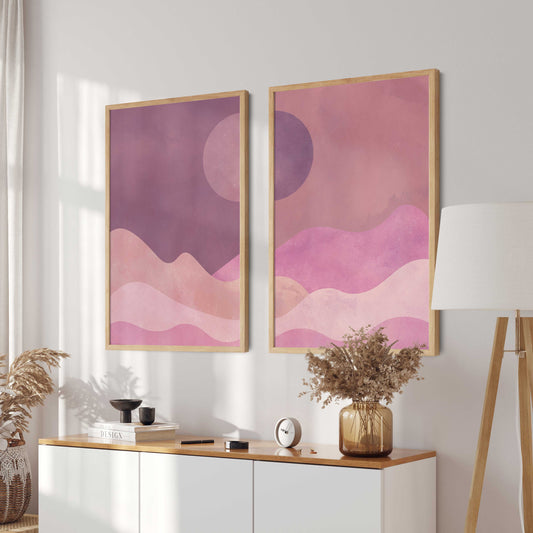 Boho Landscape Wall Art - Pink Sun and Moon Dual Painting, Day and Night Print, Set of Two