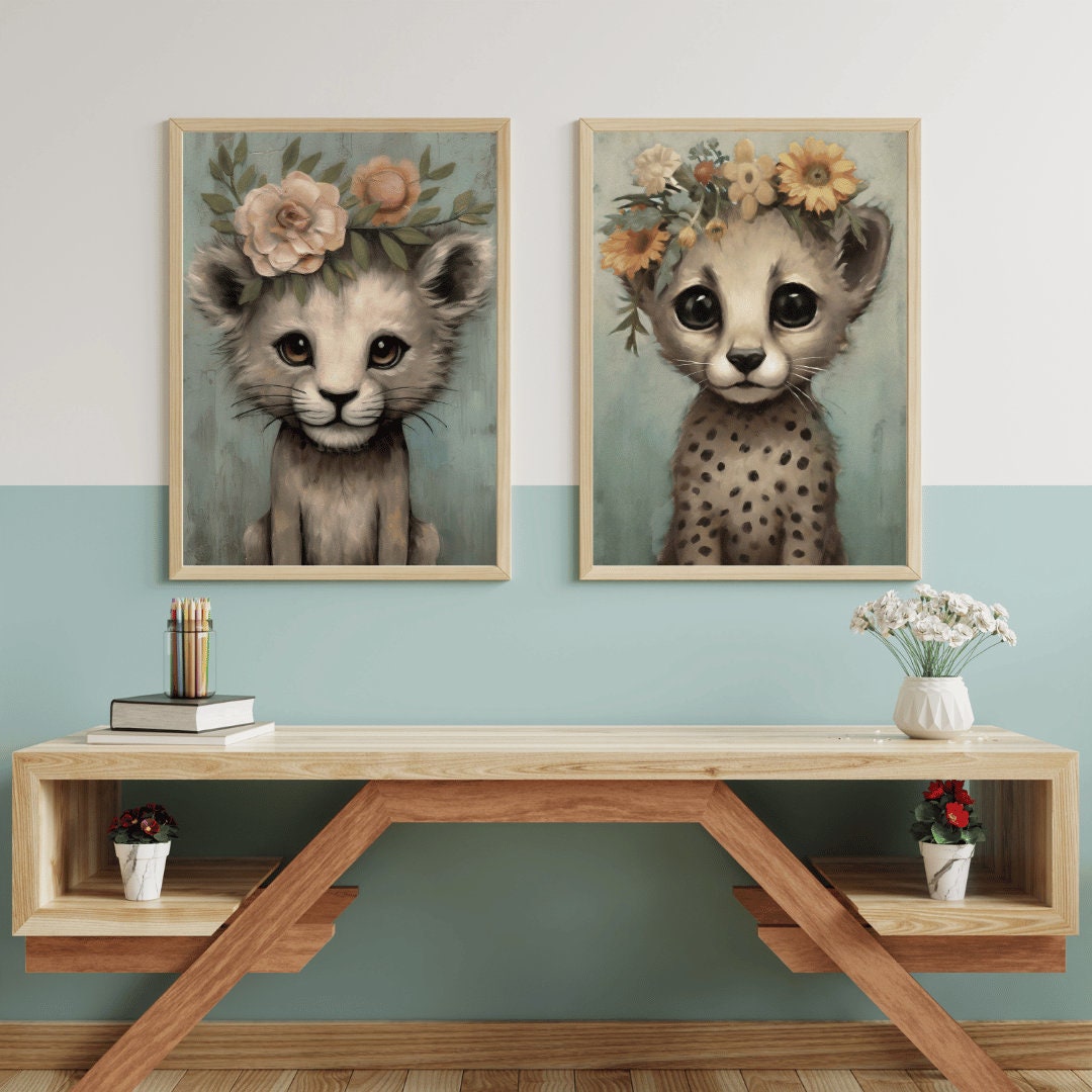 Vintage Safari Animal Nursery Wall Art - Baby Lion and Cheetah with Flower Crowns, Set of Two, Digital Printable Art