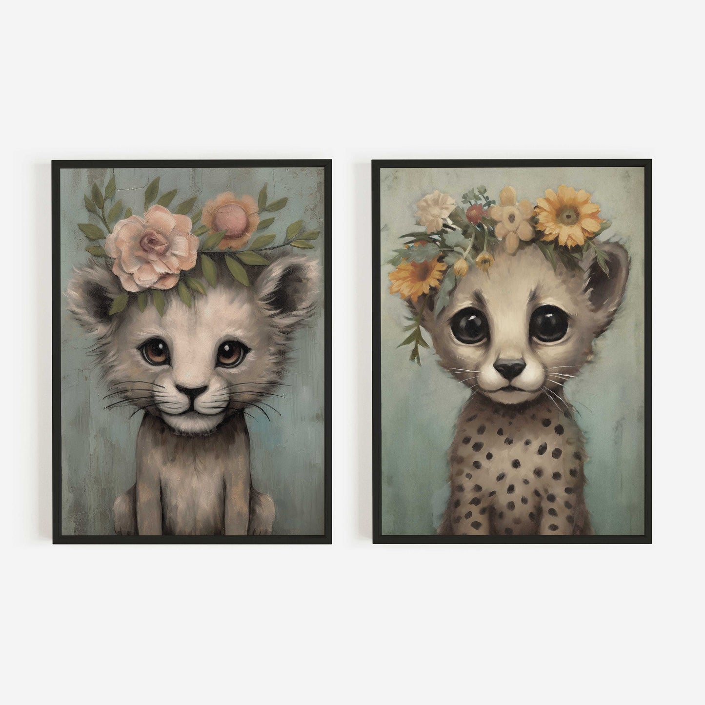 Vintage Safari Animal Nursery Wall Art - Baby Lion and Cheetah with Flower Crowns, Set of Two, Digital Printable Art