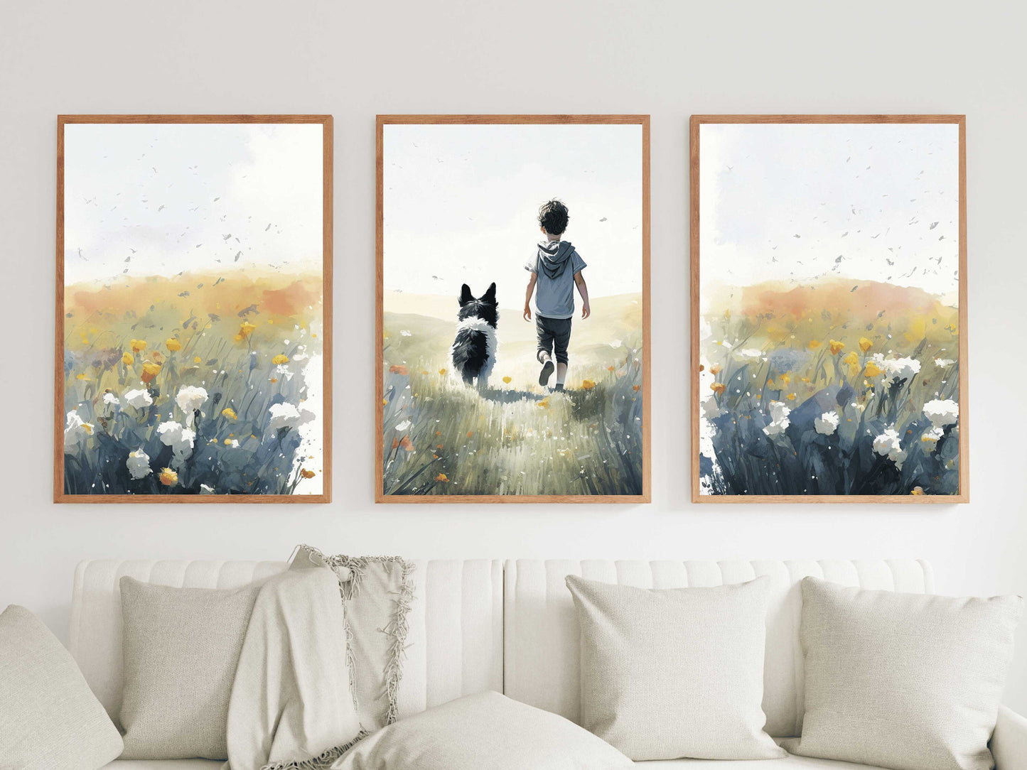 Boy and Dog Prints, Border Collie Nursery Art, Kids Room Dog Art, Printable Dog Decor, Cute Dog Digital Art, Dog Wall Decor (Set of 3)