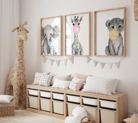 Animals Bubblegum, Animals Blowing Bubbles, Whimsical Safari Animal Nursery Decor, Set of 3, Nursery Animal Prints,