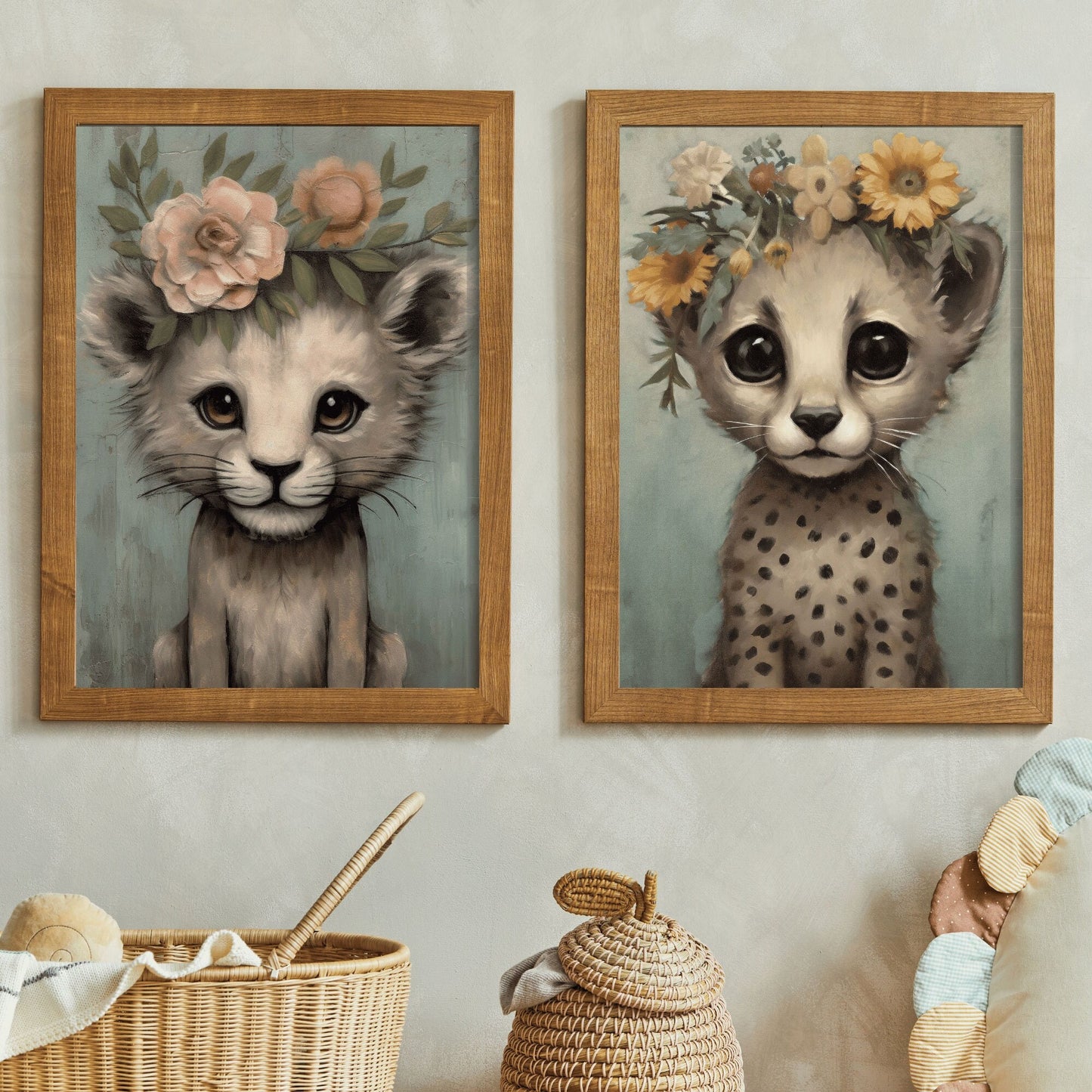 Vintage Safari Animal Nursery Wall Art - Baby Lion and Cheetah with Flower Crowns, Set of Two, Digital Printable Art