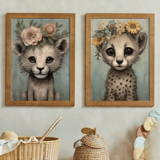 Vintage Safari Animal Nursery Wall Art - Baby Lion and Cheetah with Flower Crowns, Set of Two, Digital Printable Art