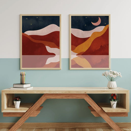 Boho Mountain Wall Art - Nighttime Bohemian Landscape, Moon and Stars, Digital Printable Art, Set of Two