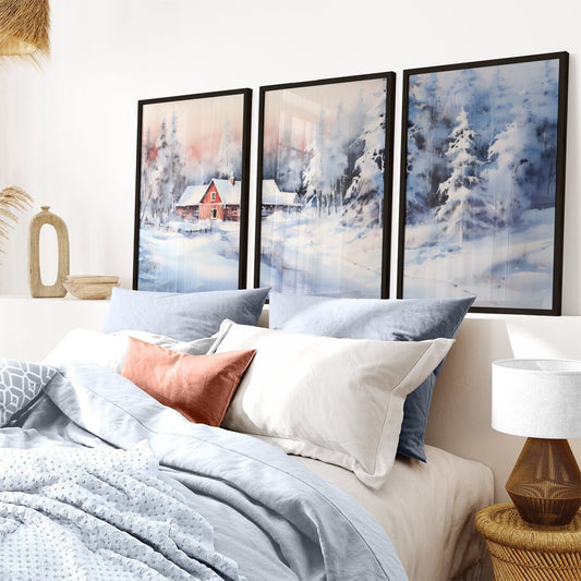 Winter Landscape, Digital Watercolor Print, Red Cottage Art, Winter Forest Painting, Snowy Landscape, Set of 3, Digital Printable Art