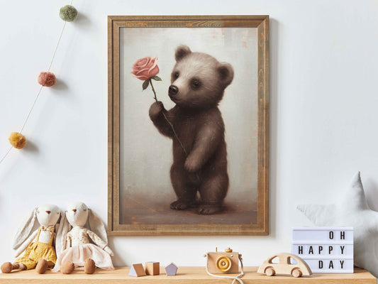 Vintage Baby Animal Wall Art - Brown Bear Cub Holding a Pink Rose, Unique Nursery or Kids Room Decor, Cute Digital Printable Art