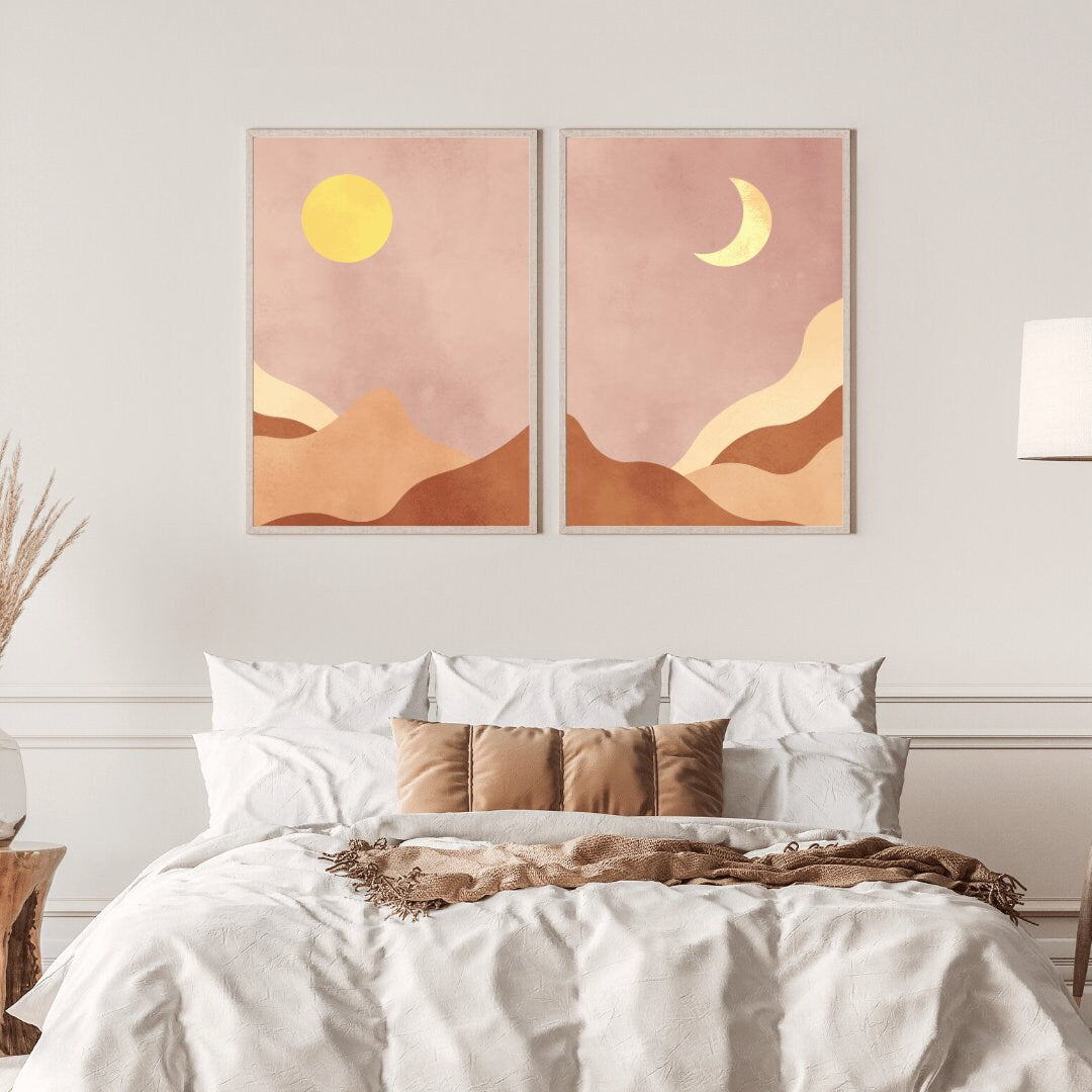 Boho Mountain Wall Art - Night and Day Dual Print, Bohemian Landscape Digital Printable Art, Set of Two