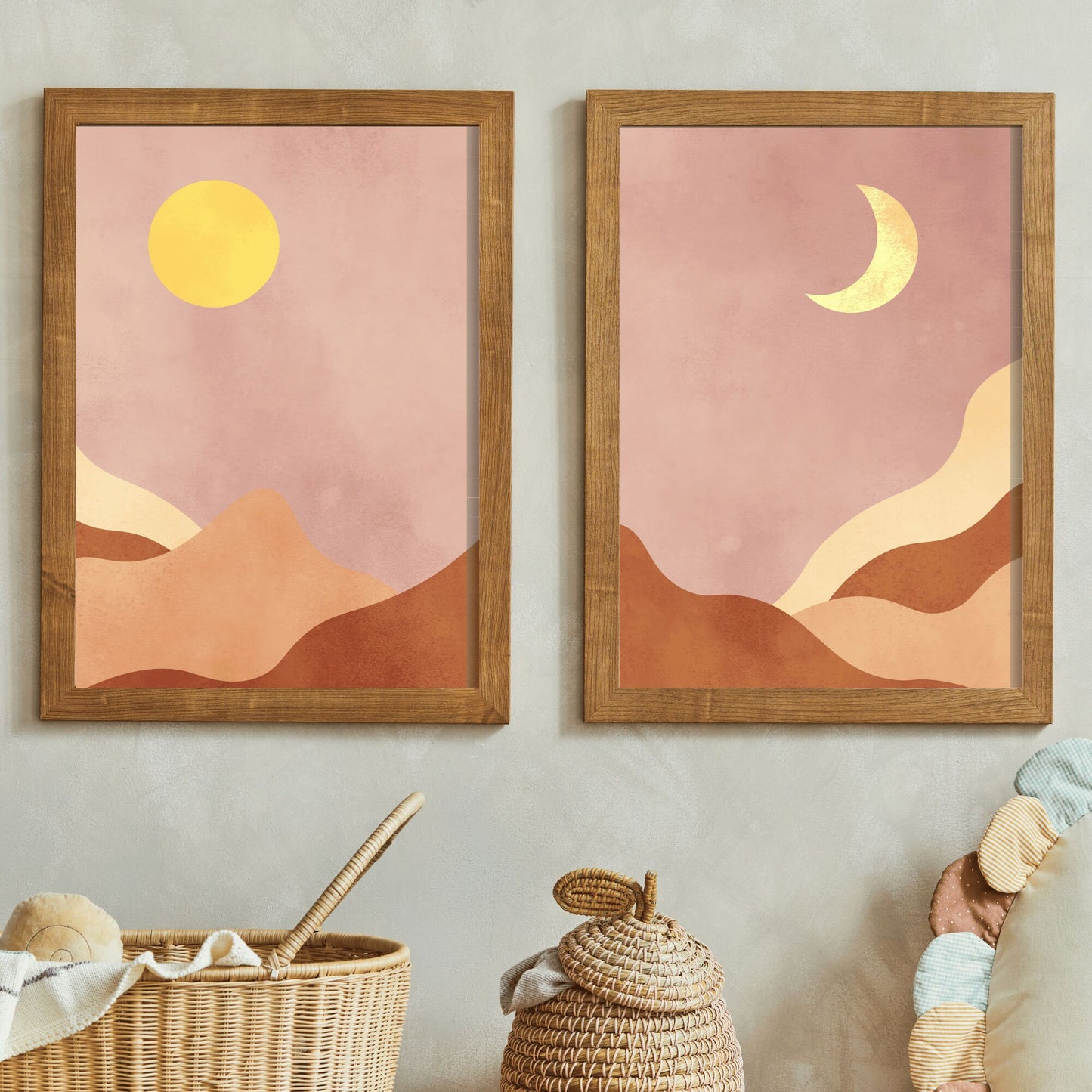 Boho Mountain Wall Art - Night and Day Dual Print, Bohemian Landscape Digital Printable Art, Set of Two