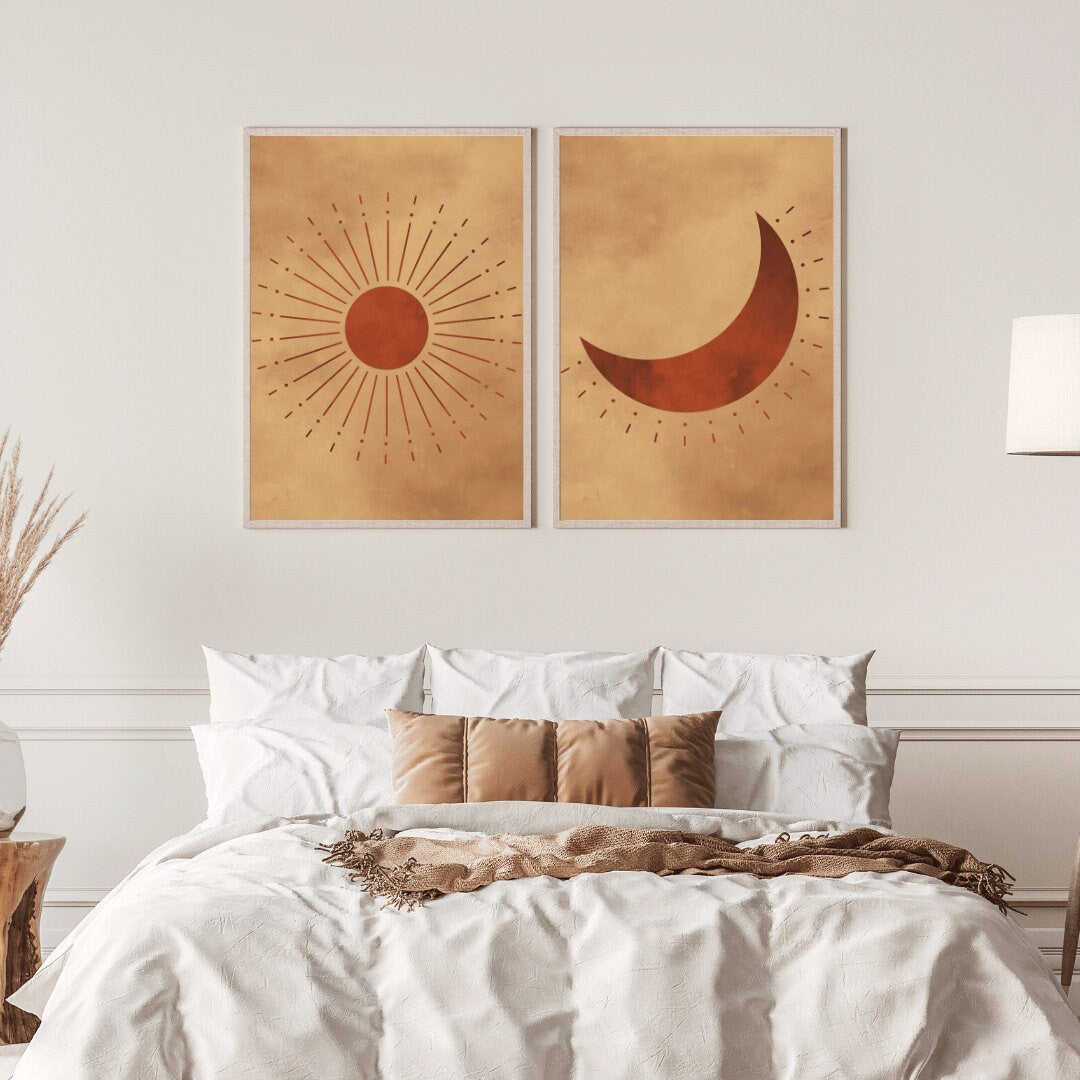 Boho Wall Art - Sun and Moon Decor, Night and Day Dual Print, Bohemian Landscape, Digital Printable Art, Set of Two