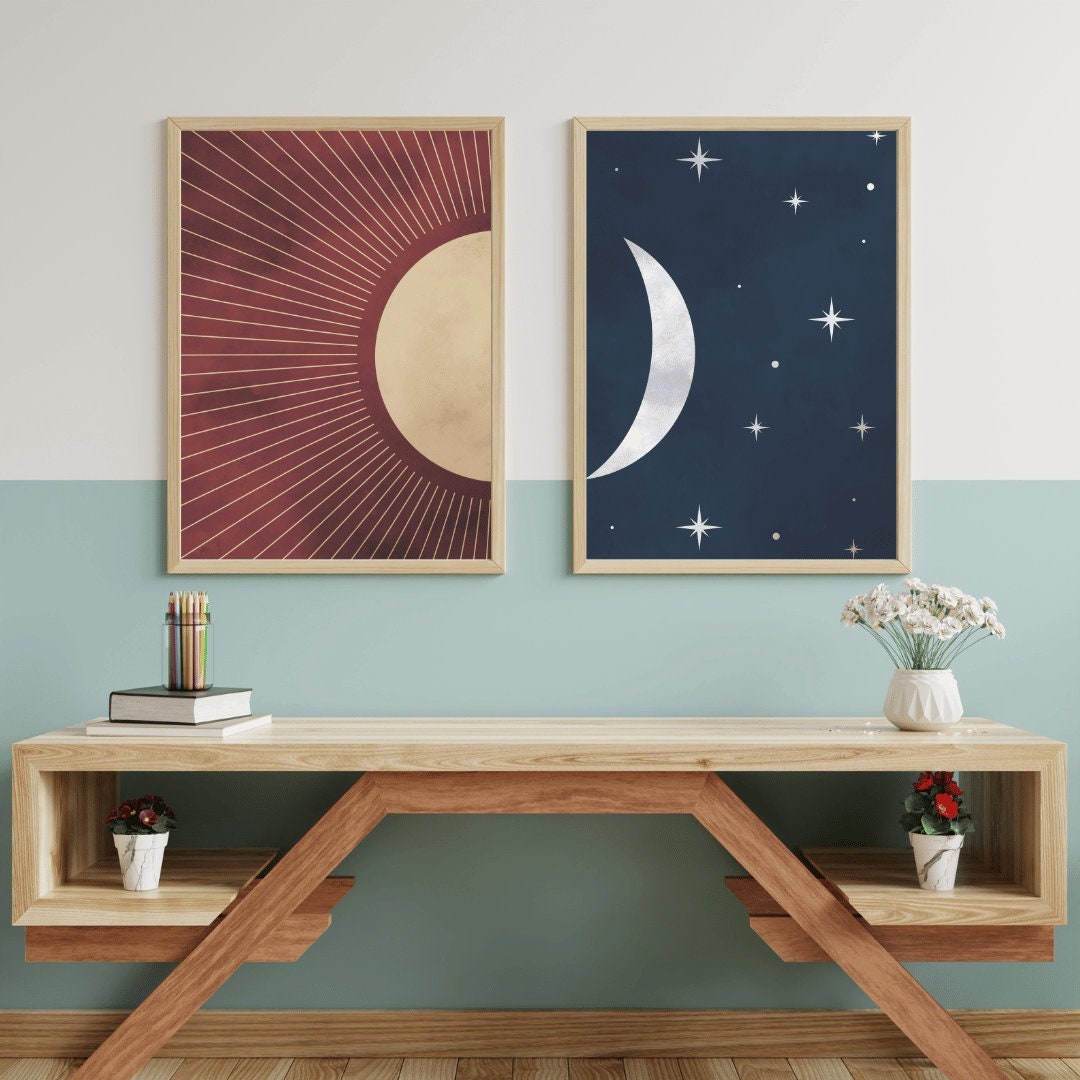 Celestial Dreams - Boho Wall Art, Sun and Moon Decor, Night and Day Dual Print, Bohemian Landscape, Sunbeams & Stars, Digital Art, Set of 2