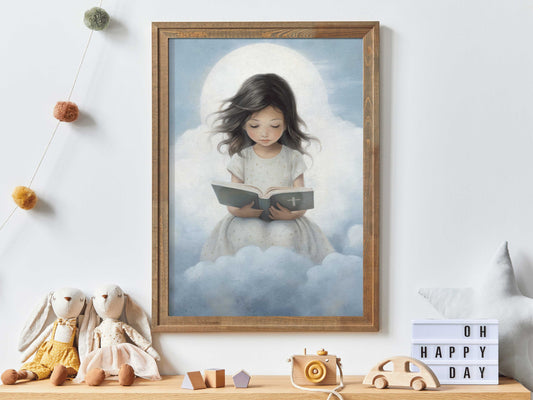 Unique Christian Nursery Decor: Little Girl Reading Bible, Vintage Girly Kids Room Art, Faith and Prayer Themed Print, Digital Printable Art