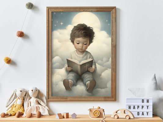 Christian Nursery Wall Art, Bible Wall Art for Kids, Little Boy Reading Bible, Nursery Room or Boys Bedroom Decor, Digital Printable Art