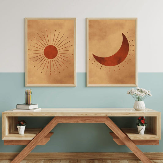 Boho Wall Art - Sun and Moon Decor, Night and Day Dual Print, Bohemian Landscape, Digital Printable Art, Set of Two