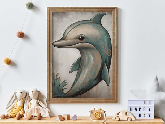 Sea Animals Nursery Art, Dolphin Wall Art, Vintage Kids Room Decor, Animal Kids Room Print, Digital Printable Art for Little Boys & Girls