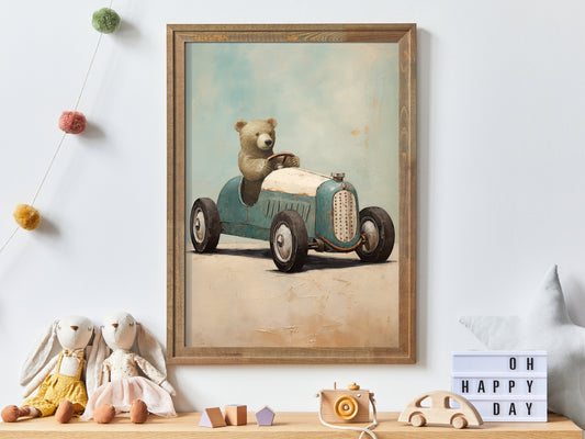 Boys Car Decor, Cool Nursery Room Playroom or Boy's Bedroom Decor, Unique DIGITAL Vintage Wall Art for Boy, Bear Driving Sports Car