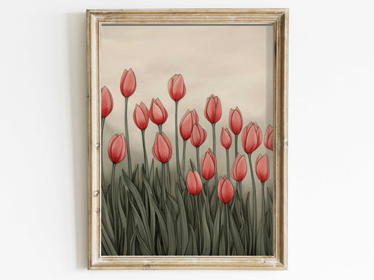 Vintage Floral Print, Tulip Printable Wall Art, Field of Red Tulip Flowers, Flower Meadow Artwork, Digital Printable Flower Decor