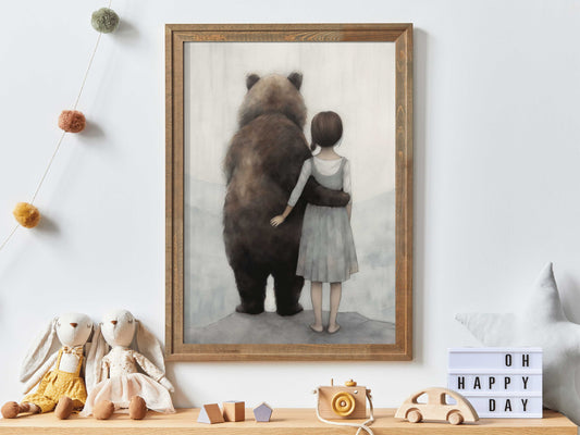 Vintage Nursery Wall Art, Girl Hugging a Brown Bear, Woodland Animals, Unique Forest Animal Art, Friendship Themed Digital Printable Decor