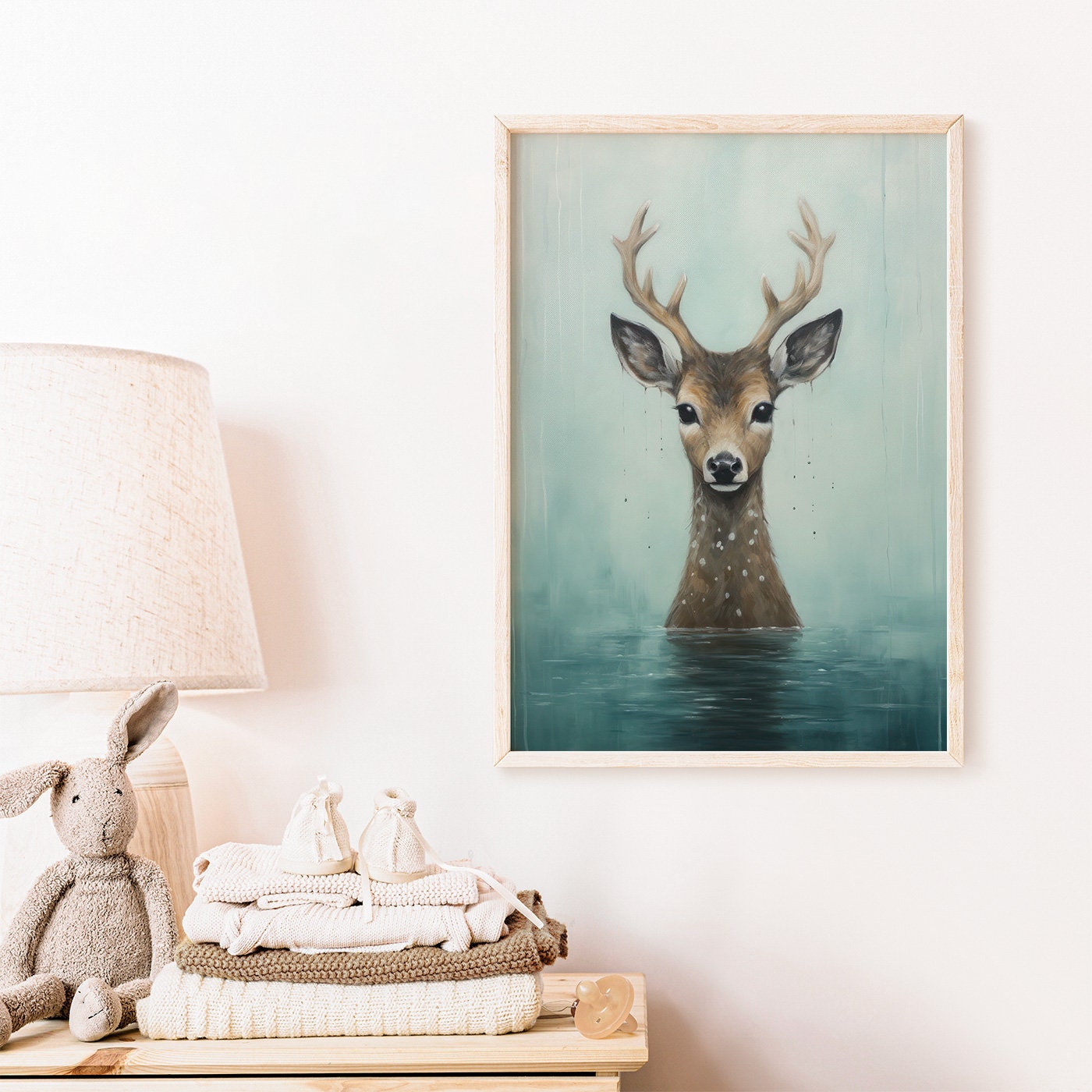 Deer Wall Art, Animals Bathing, Deer Nursery Decor, Woodland Forest Animal Print, Deer Poster Print, Digital Printable Animal Art