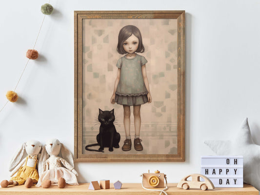 Whimsical Girl's Room Wall Art, Vintage Little Girl with Black Cat Print, Girly Wall Decor, Unique Nursery Decor, Digital Printable Art