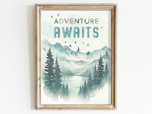 Adventure Awaits Print, Hiking & Camping Quote, Nursery or Kids Room Decor, Inspirational Saying, PRINTABLE Vintage Watercolor Art,