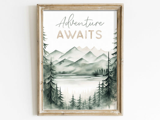 Adventure Awaits Print, Hiking & Camping Quote Wall Art, Inspirational Saying, Vintage Watercolor Nature Quote Decor, PRINTABLE Wall Decor