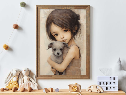 Dog Nursery Decor, Girl and Dog, Kids Dog Wall Art, Girls Room Dog Print, Girly Wall Art Print, Cute Animal Art, Digital Printable Dog Decor