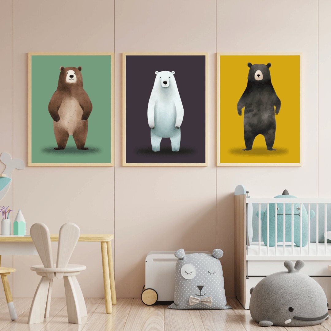 Bear Nursery Decor, DIGITAL Woodland Animal Prints, Set of Three, Colorful Nursery Wall Art, Whimsical Brown, Black and Polar Bear