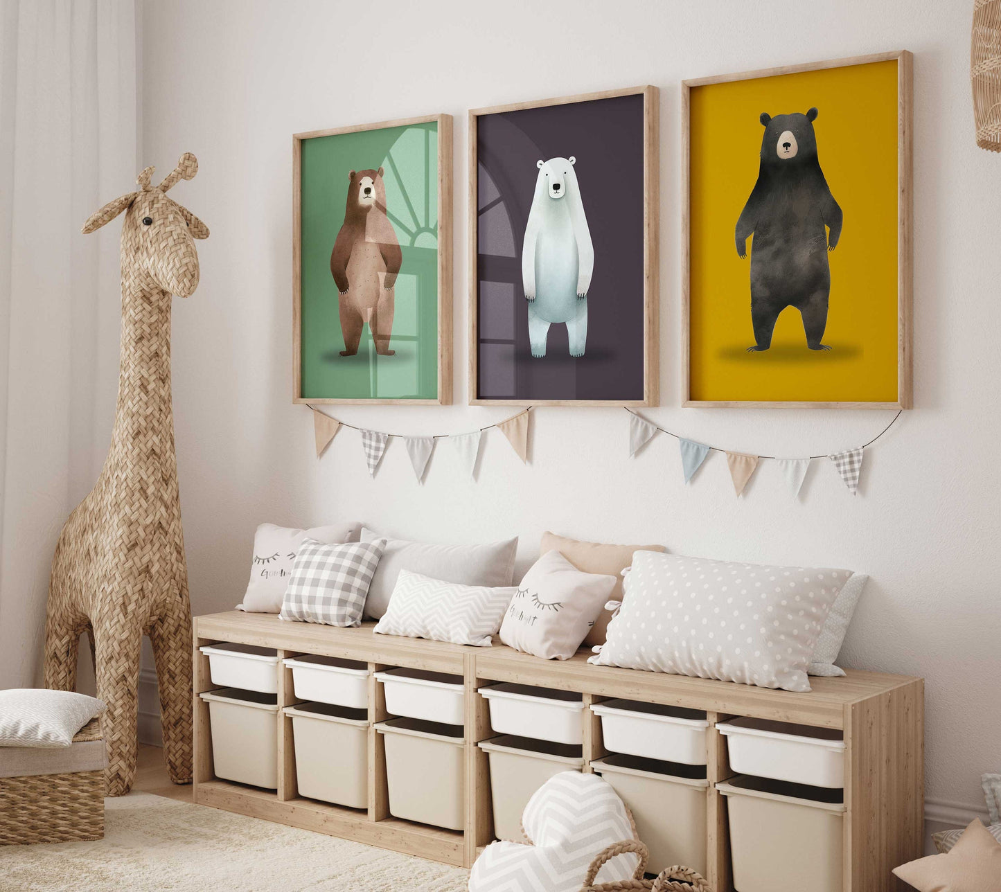 Bear Nursery Decor, DIGITAL Woodland Animal Prints, Set of Three, Colorful Nursery Wall Art, Whimsical Brown, Black and Polar Bear