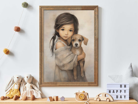 Dog and Girl Wall Art, Dog Nursery Decor, Dog Gifts for Girl Kid, Cute Girl's Room Decor, Vintage Art, Dog Painting, Digital Dog Art Print