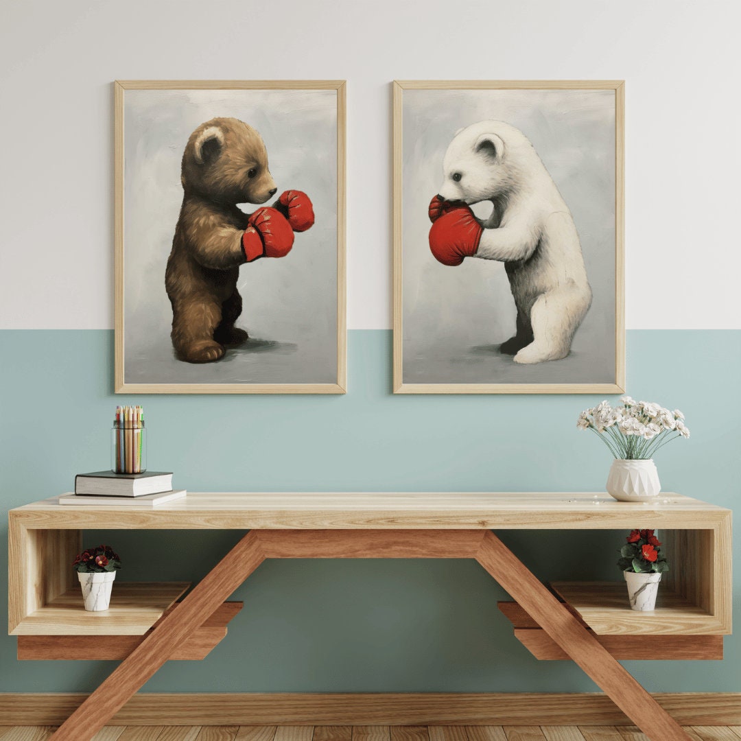 Boys Room Wall Art, Cool Boys Room Decor, DIGITAL Nursery or Bedroom Print for Little Boys, Set of 2, Bear Boxing Match, Woodland Animal Art