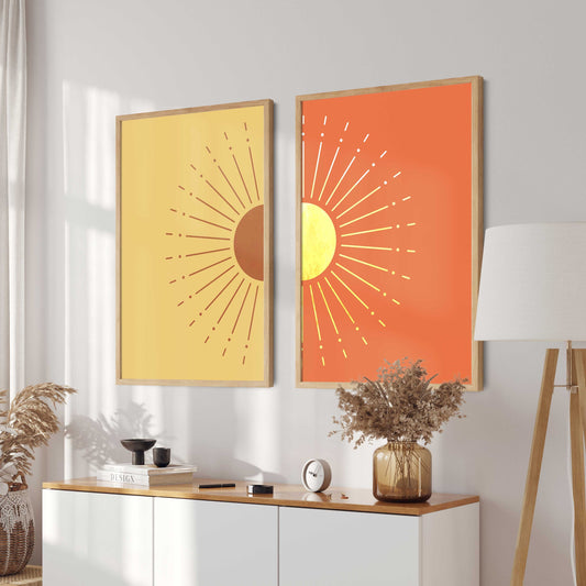 Boho Sun Wall Art, Minimalist Decor, Dual Sun and Sunbeam Print, Colorful Bohemian Wall Decor, Set of 2, Printable Wall Decor