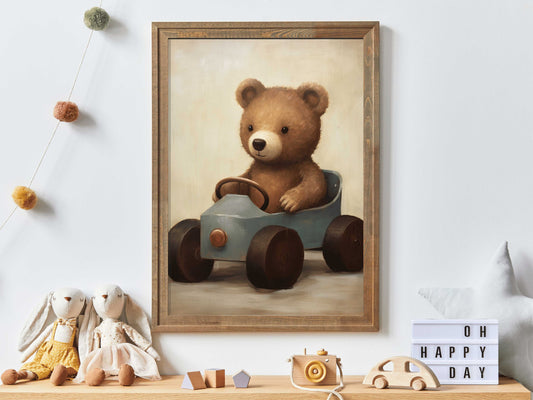 Teddy Bear Nursery Print, Animals Driving Cars, Vintage Forest Animal Baby Room Decor, Bear Wall Art, Digital Printable Boys Room Decor