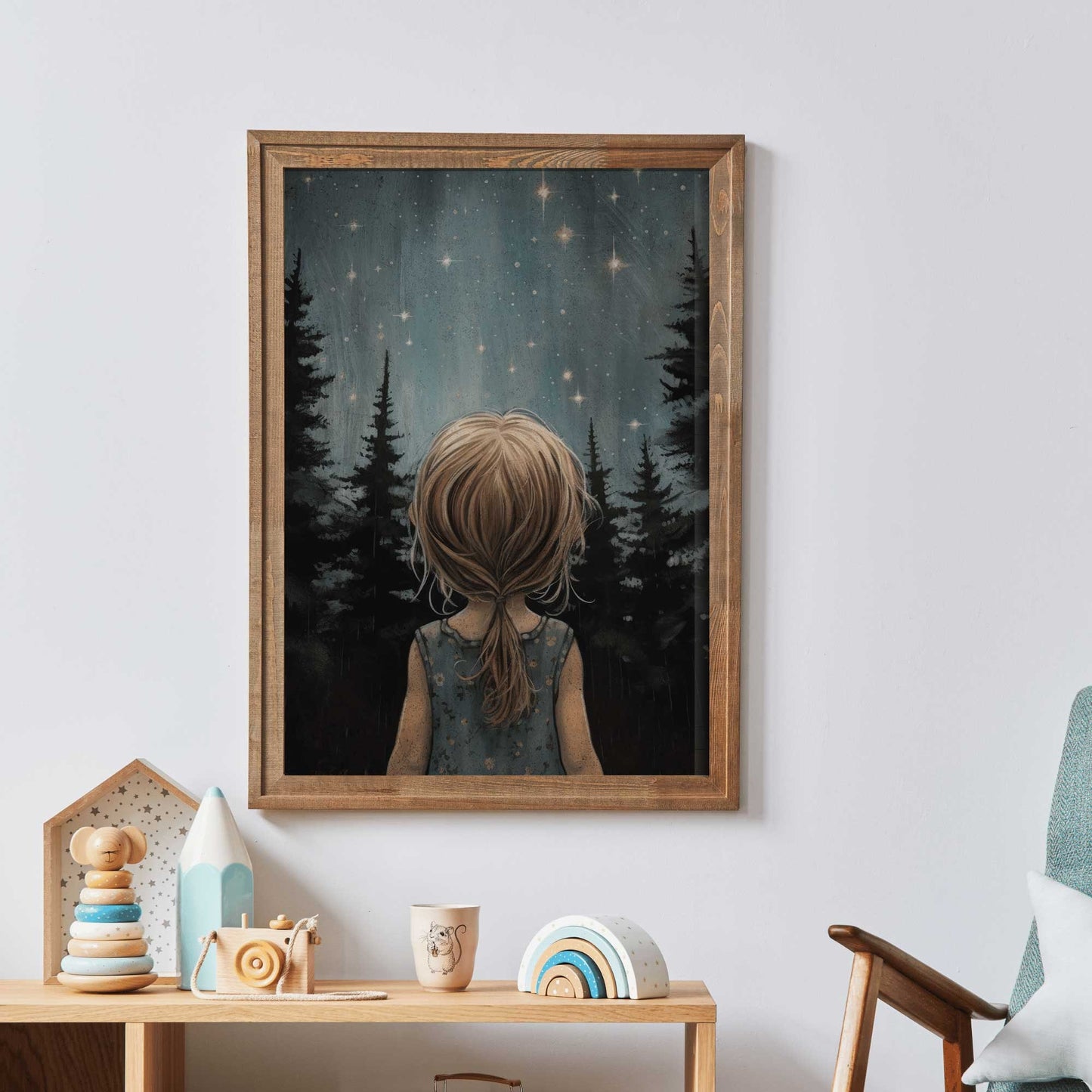 Stars & Moon Nursery Decor, Girls Room Wall Art, Moody Art for Kids, Forest Nursery Wall Decor, Stargazing Print, PRINTABLE Girl Wall Art